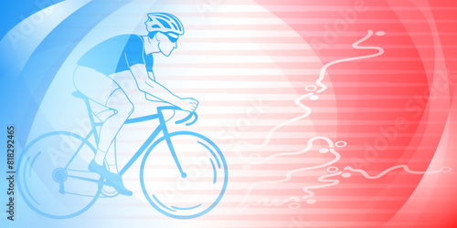 Cycling themed background in the colors of the national flag of France, with sport symbols such as an athlete cyclist and a bike race route, as well as abstract curves and lines