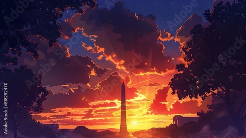 Silhouettes of towering monuments cast long shadows against a fiery sunset sky, as the nation pays homage to its founding fathers with solemn reverence.