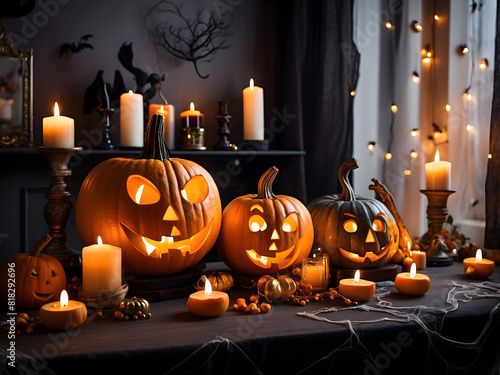 Halloween décor for a home's living room that includes calabazas with illuminated faces and velvet curtains design. photo