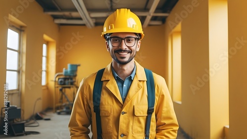 A happy male engineer wearing yellow helmet, looking straight into the camera, full body till waist, placed extreme right side, light yellow background photo