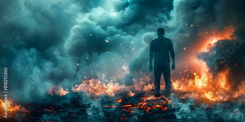 Navigating Burnout in the Business World  A Man Stands in Lava Amidst Fiery Clouds. Concept Burnout  Business World  Stress Management  Mental Health  Resilience