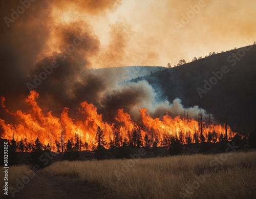 Large Wildfire with Thick Smoke and Flames in Field