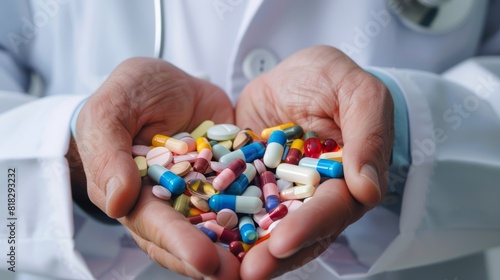 Hands holding various colorful pills and capsules. Medical and pharmaceutical concept.