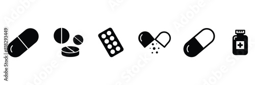 Set of pill icon. Drugs medicine capsules and vitamins icons. Pill icon. medicament and pharmaceutical symbol. Vector Illustration.