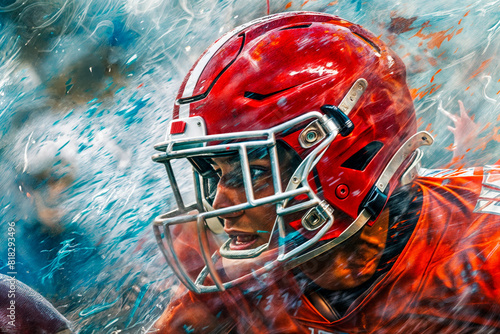 Young male football player in red uniform and helmet intensely focused  showcasing determination and athleticism during a game in a dynamic neo-expressionist style  highlighting competitive spirit