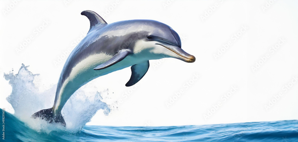 One cute jumping dolphin isolated on white background with empty label for text. Generative AI. One cute jumping dolphin isolated on white background with empty label for text. Generative AI.