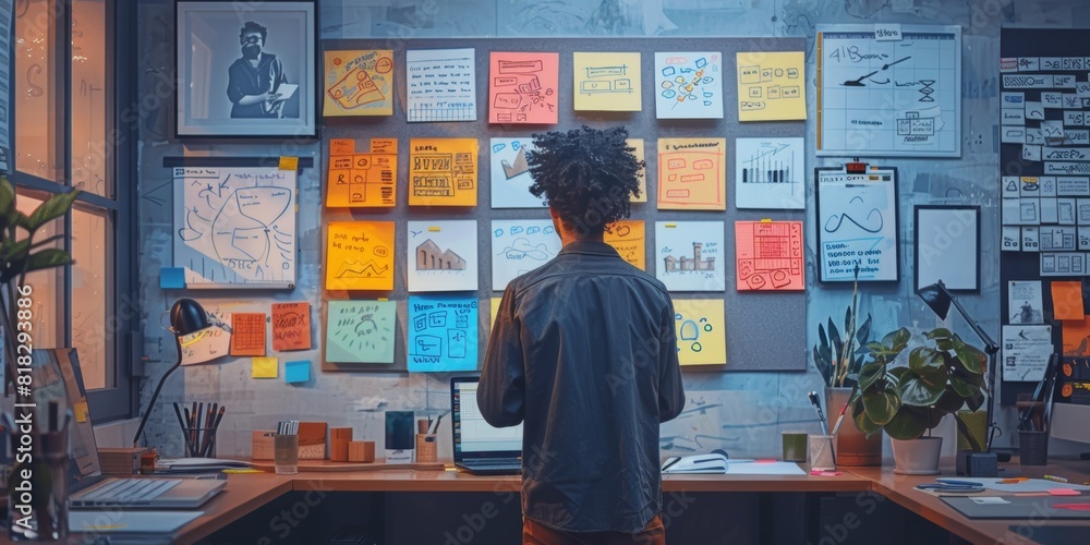 Person focused on colorful sticky notes and charts on a wall, working in a creative, organized home office. Person focused on colorful sticky notes and charts on a wall, working in a creative, organized home office.