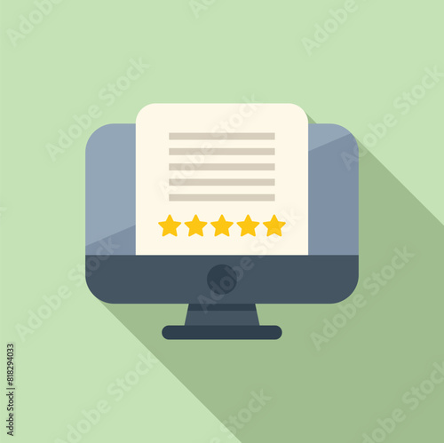 Flat vector graphic of a computer monitor displaying a document with a fivestar rating, indicating positive feedback photo
