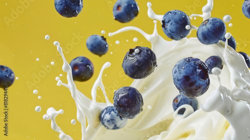 A splash of blueberries and milk on a yellow background. The blueberries are floating in the milk, creating a sense of motion and energy. The image conveys a feeling of freshness and vitality