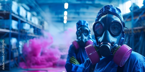Assessment of Toxic Spills in Industrial Warehouses by Technicians in Gas Masks. Concept Industrial Safety, Hazardous Materials, Emergency Response, Protective Gear, Chemical Contamination