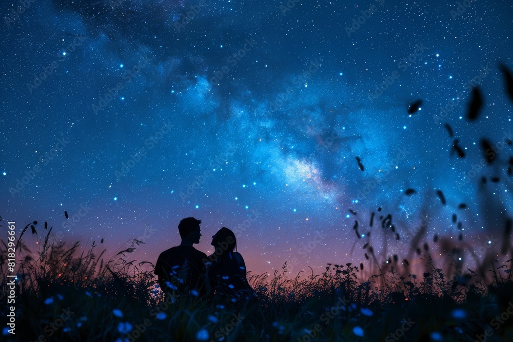 A young couple camping under the stars close up, focus on, copy space Cozy and adventurous Double exposure silhouette with tent A young couple camping under the stars close up, focus on, copy space Cozy and adventurous Double exposure silhouette with tent