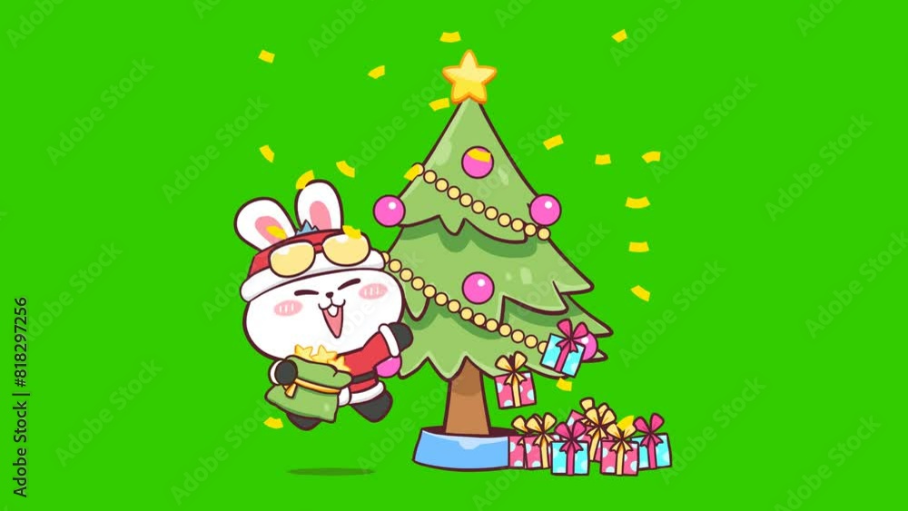 Animated Rabbit in Santa Claus Outfit Distributing Gifts by a Christmas Tree Green Screen Animated Rabbit in Santa Claus Outfit Distributing Gifts by a Christmas Tree Green Screen