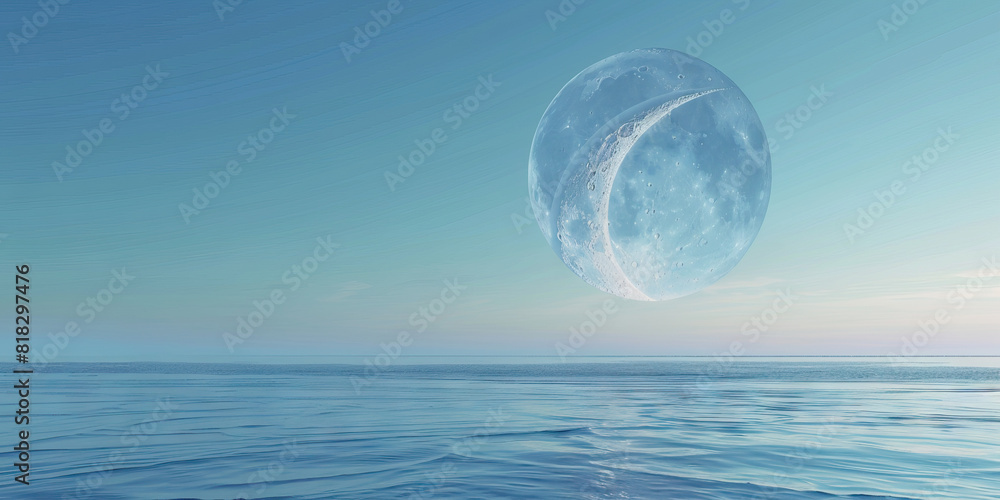 Gentle blue reflections cast upon an infinite sea, as Earth's crescent moon delicately hangs overhead. Gentle blue reflections cast upon an infinite sea, as Earth's crescent moon delicately hangs overhead.