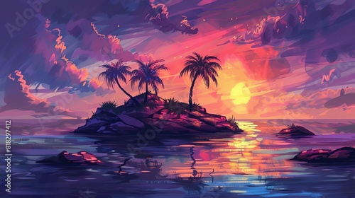 illustrated rocky island with palm trees and colorful sunset sky digital art photo