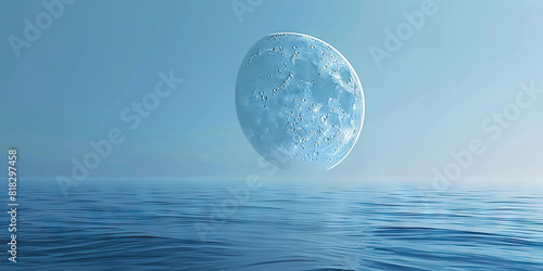 Gentle blue reflections cast upon an infinite sea  as Earth s crescent moon delicately hangs overhead.