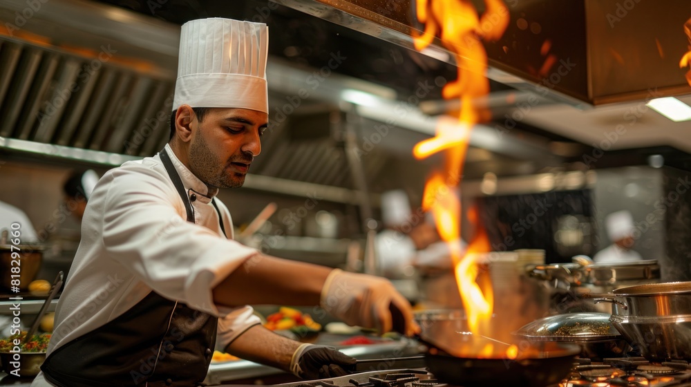 a chef in a white and black uniform and wearing a cooking hat is cooking in restaurant a chef in a white and black uniform and wearing a cooking hat is cooking in restaurant