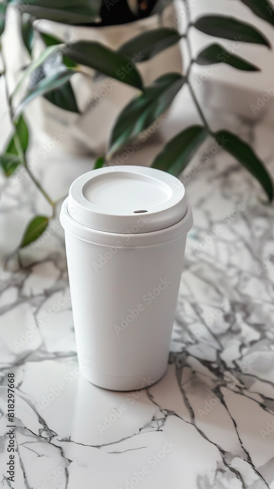 White travel mug on a clean surface, ready for custom designs or logos. White travel mug on a clean surface, ready for custom designs or logos.
