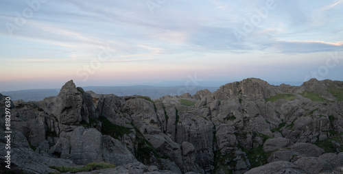 Panorama view of the rocky mountains under a magical sunset sky