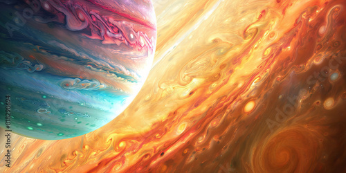 A gargantuan gas giant looms large, its colorful clouds swirling like an artist's palette photo