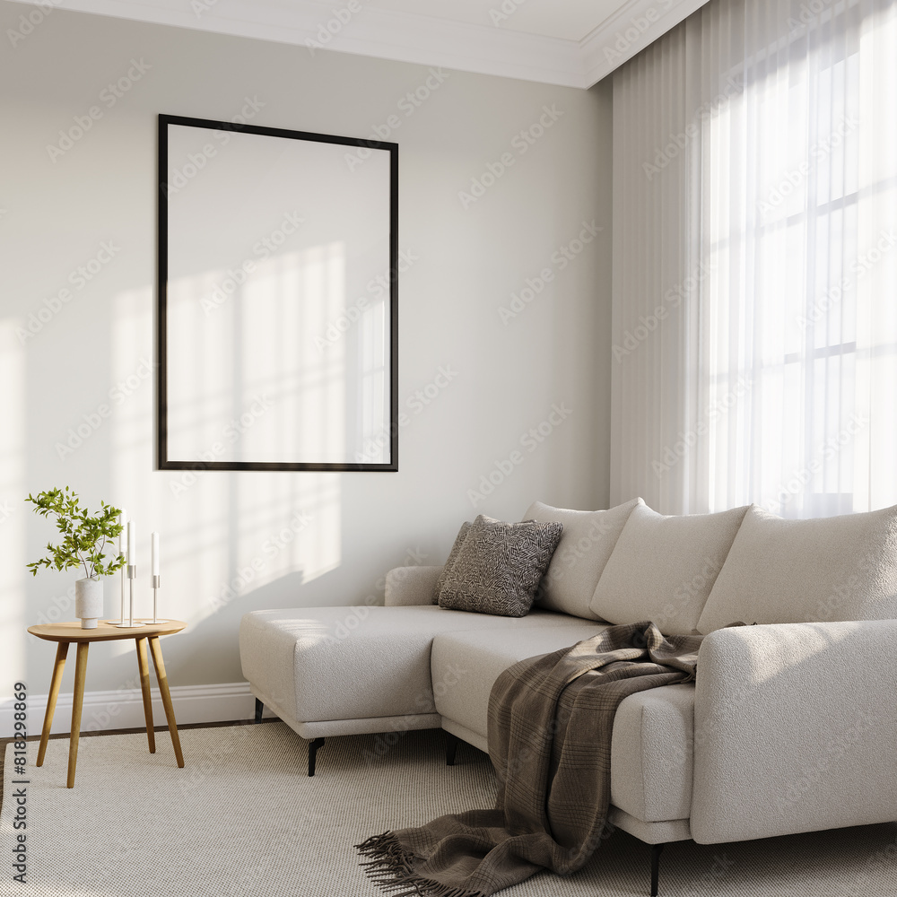 Fototapeta premium A1 poster mock up, 3d render, beige room with sofa and decor