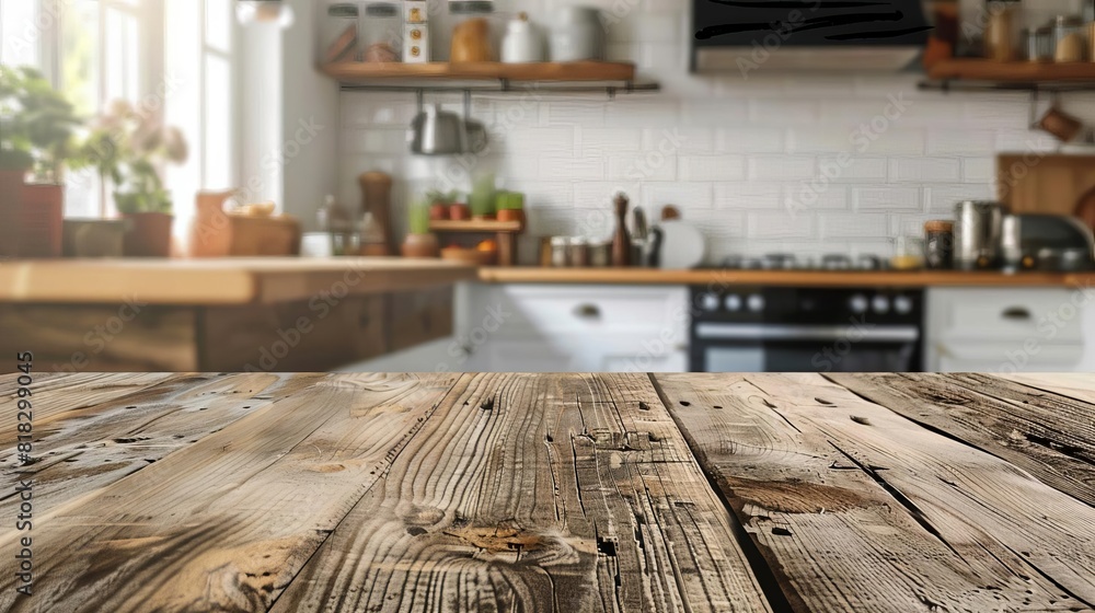 rustic wooden table top with blurred kitchen in background food photography backdrop concept rustic wooden table top with blurred kitchen in background food photography backdrop concept
