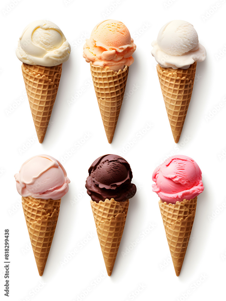 Different ice creme scoops in waffle cones on white background Different ice creme scoops in waffle cones on white background