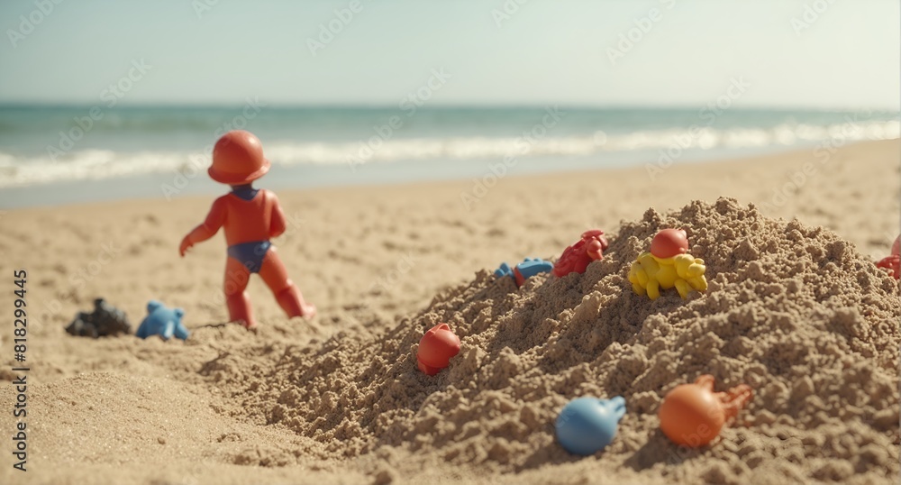 Heap sand with plastic toys at the beach, Summer seaside vacation concept Heap sand with plastic toys at the beach, Summer seaside vacation concept