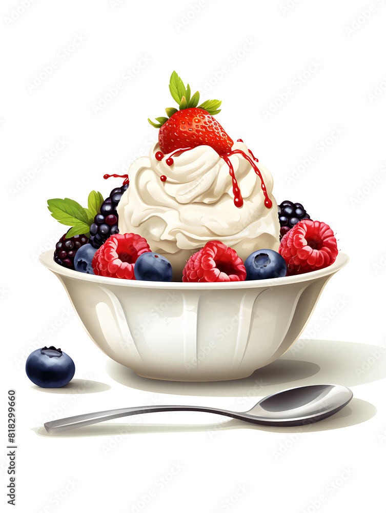 Illustration of vanilla ice-cream in a bowl with berries on top on table, white background Illustration of vanilla ice-cream in a bowl with berries on top on table, white background