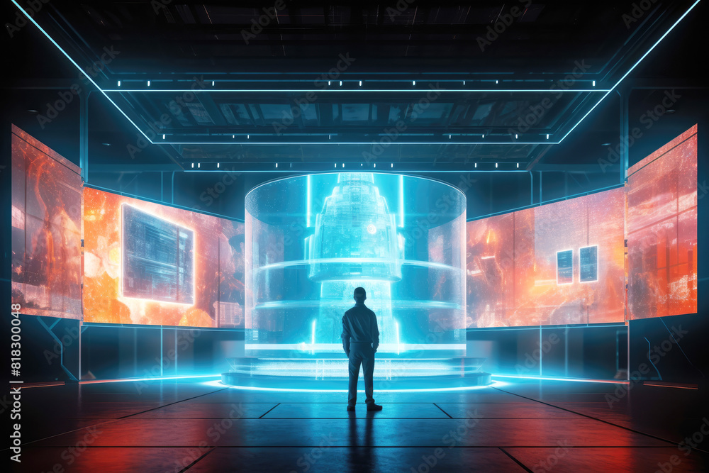 generated illustration of man standing in front of futuristic medical technical device with screen generated illustration of man standing in front of futuristic medical technical device with screen