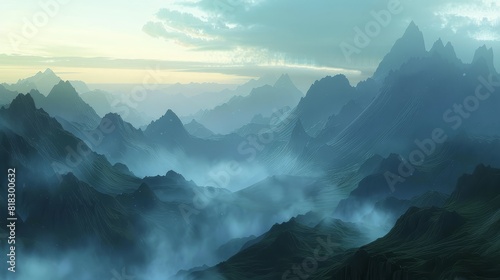 Serene view of misty mountain range at dawn with layers of peaks shrouded in fog under a cloudy sky  creating a tranquil and ethereal atmosphere.