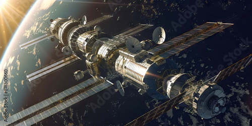 An orbital station glints in the sunlight, its solar panels collecting energy to sustain life for astronauts far from home.