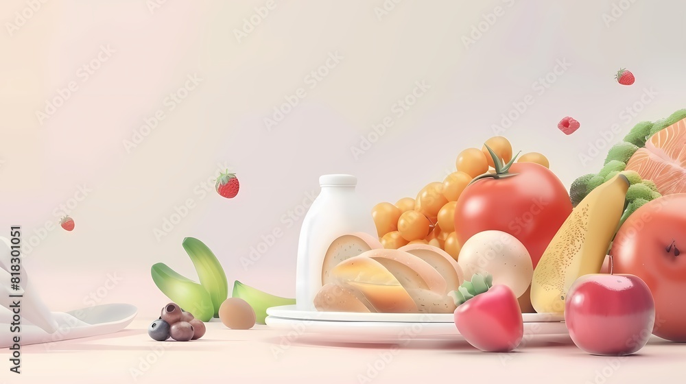 Assorted fresh groceries on a light background with a floating dynamic effect Assorted fresh groceries on a light background with a floating dynamic effect