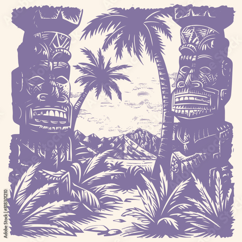 Postcards with tiki statue and palm trees, vector illustration