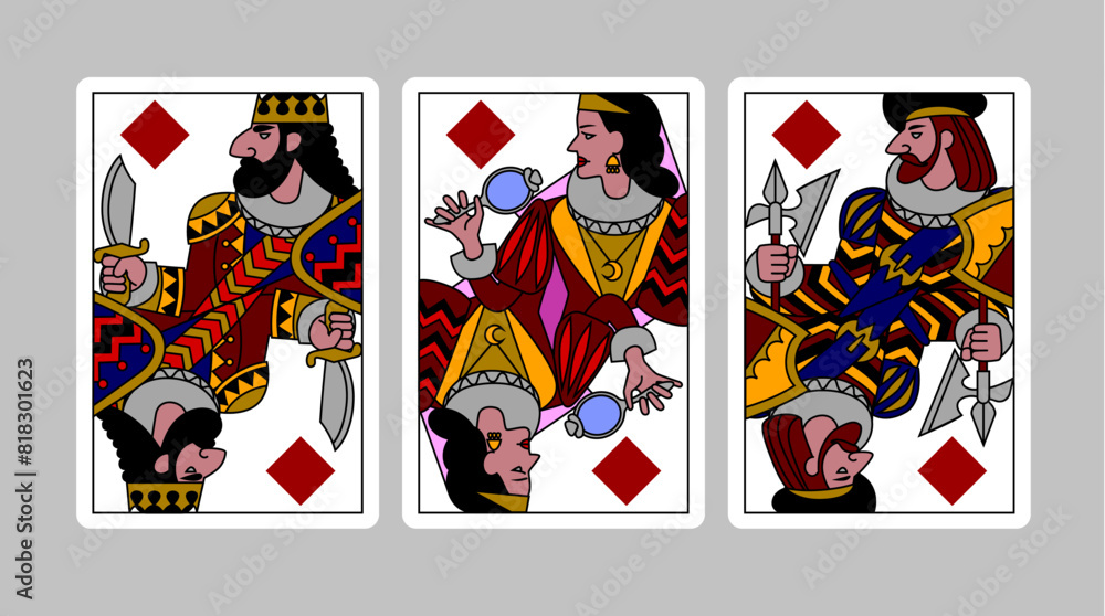 Diamonds suit playing cards of King, Queen and Jack in funny modern colorful linear style. Vector illustration