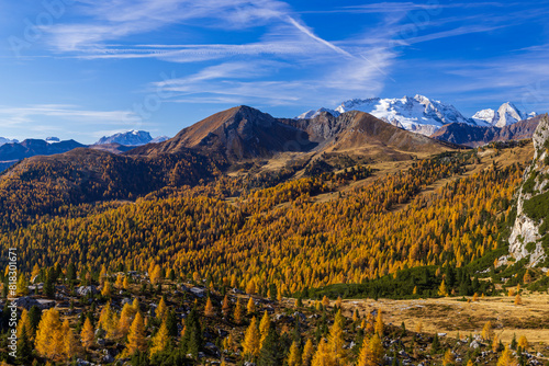 Landscape near Livinallongo del Col di Lana and Valparola Pass, Dolomites Alps, South Tyrol, Italy photo
