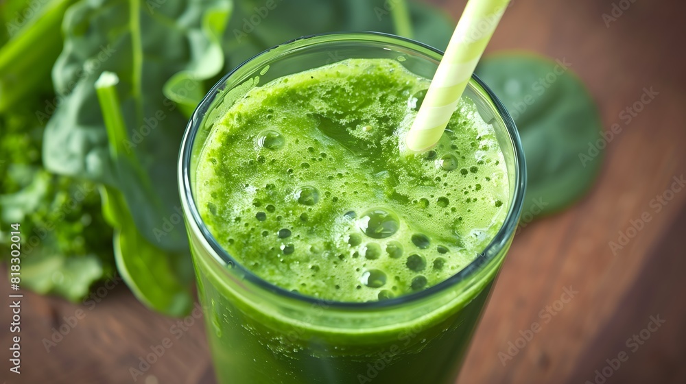 A fresh green juice made from kale, spinach, and apple, in a tall glass with a straw A fresh green juice made from kale, spinach, and apple, in a tall glass with a straw