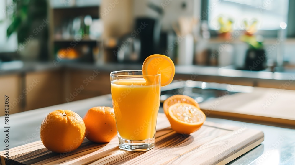 A glass of orange juice with fresh oranges around it, captured in a bright, cheerful kitchen A glass of orange juice with fresh oranges around it, captured in a bright, cheerful kitchen