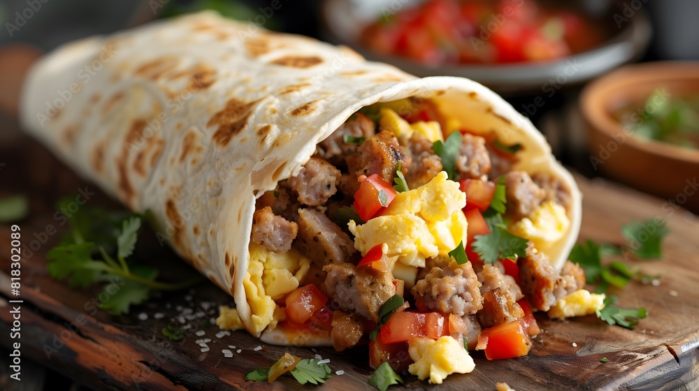 A hearty breakfast burrito with eggs, sausage, and fresh salsa, wrapped in a warm tortilla A hearty breakfast burrito with eggs, sausage, and fresh salsa, wrapped in a warm tortilla