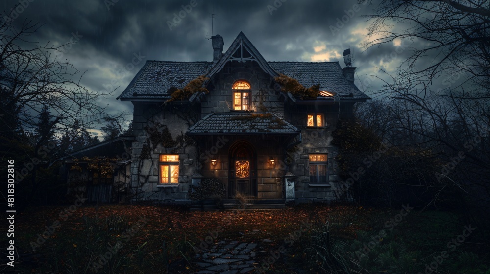 Front view of an old house in the dark, made in fantasy style Front view of an old house in the dark, made in fantasy style