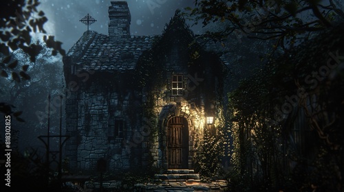 Front view of an old house in the dark, made in fantasy style