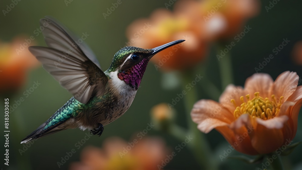 Fototapeta premium A hummingbird sitting on a flower stem, it sips nectar from the vibrant petals