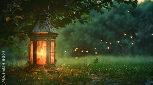 Old lantern in the park with fireflies flying next to it, made in fantasy style © fivan