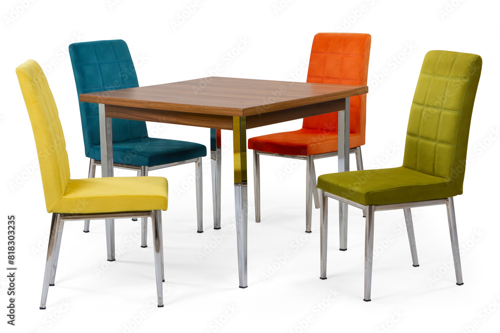 modern dining table and chair isolated on white background .wooden and fabric . kitchen dining table . metal leg modern dining table and chair isolated on white background .wooden and fabric . kitchen dining table . metal leg