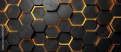 luxury hexagonal abstract black metal background with golden light lines dark 3d geometric texture illustration bright grid pattern pure black horizontal banner wallpaper carbon