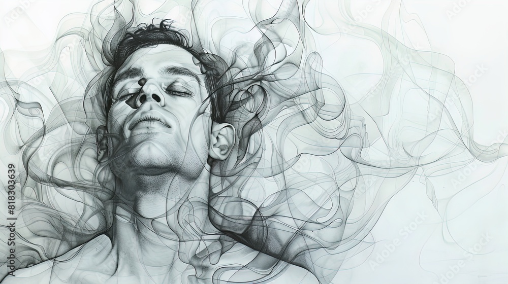 Abstract illustration of a man's face with closed eyes, surrounded by swirling lines. Digital art portrait in monochrome. Concept of relaxation and introspection. Design for poster. Abstract illustration of a man's face with closed eyes, surrounded by swirling lines. Digital art portrait in monochrome. Concept of relaxation and introspection. Design for poster.