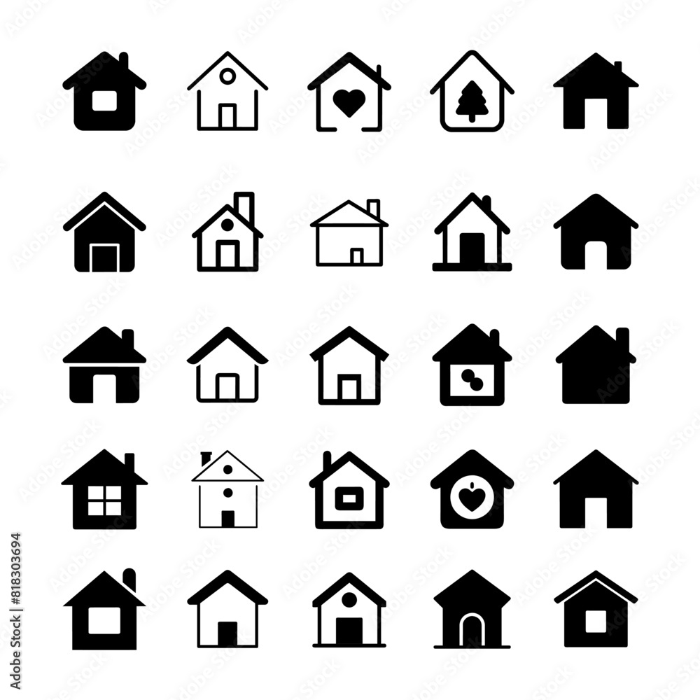 Collection home icons. House symbol. Set of real estate objects and houses black icons isolated on white background. Vector illustration. Collection home icons. House symbol. Set of real estate objects and houses black icons isolated on white background. Vector illustration.