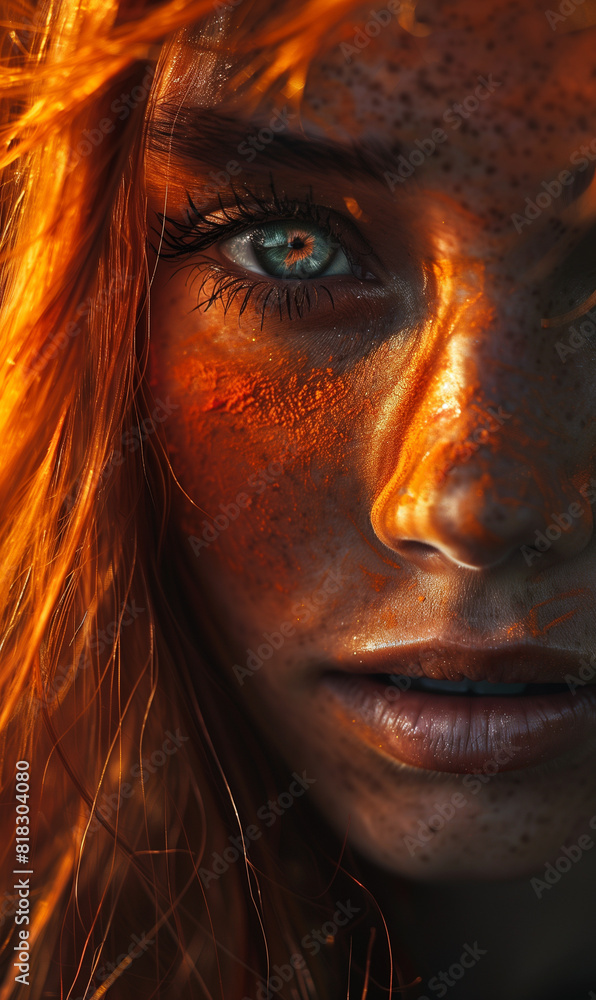 Close-up portrait of a young woman with striking blue eyes and freckles, illuminated by warm copper-toned light, highlighting her features and intense gaze
