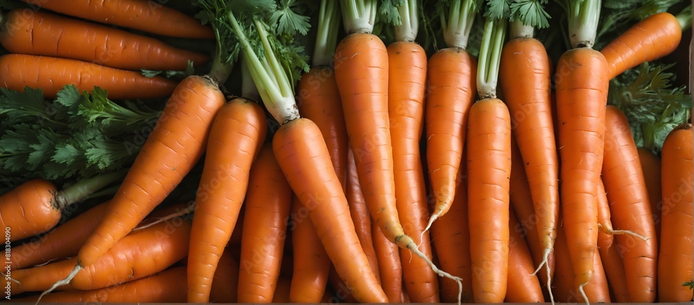 Pile of orange carrots with green leaves. Fresh vegetables background Pile of orange carrots with green leaves. Fresh vegetables background