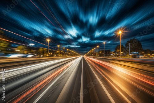 An abstract depiction of a bustling suburban highway at evening, illuminated by moonlight, with motion blur and mesmerizing light trails © OzCam
