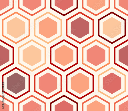 Honeycomb mosaic background. Hexagon mosaic background with inner solid cells. Red color tones. Large hexagons. Tileable pattern. Seamless vector illustration.